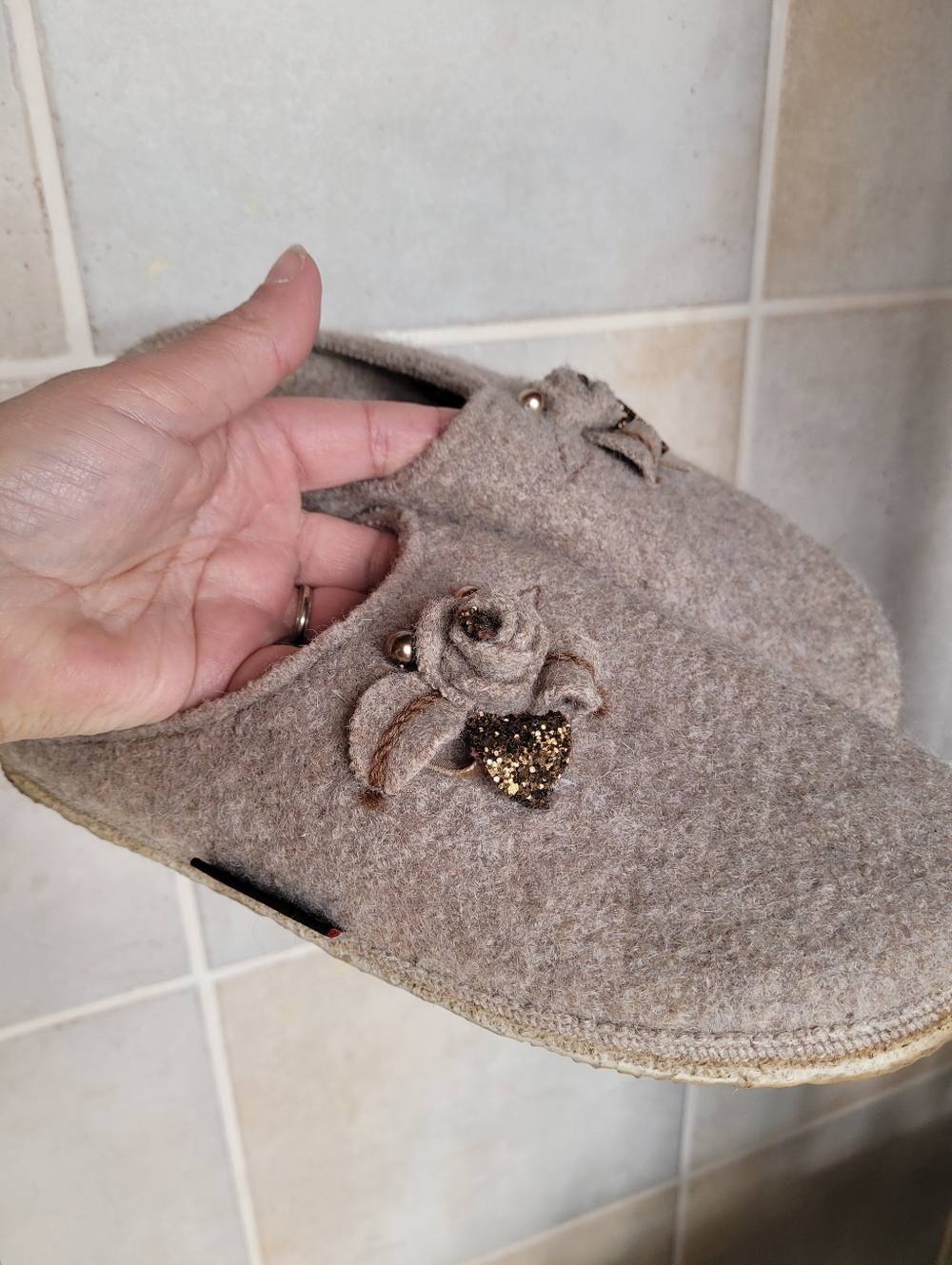 Giesswein 40/9 Taupe Felt Slip-On Slippers with Glitter Floral Pearl Accents